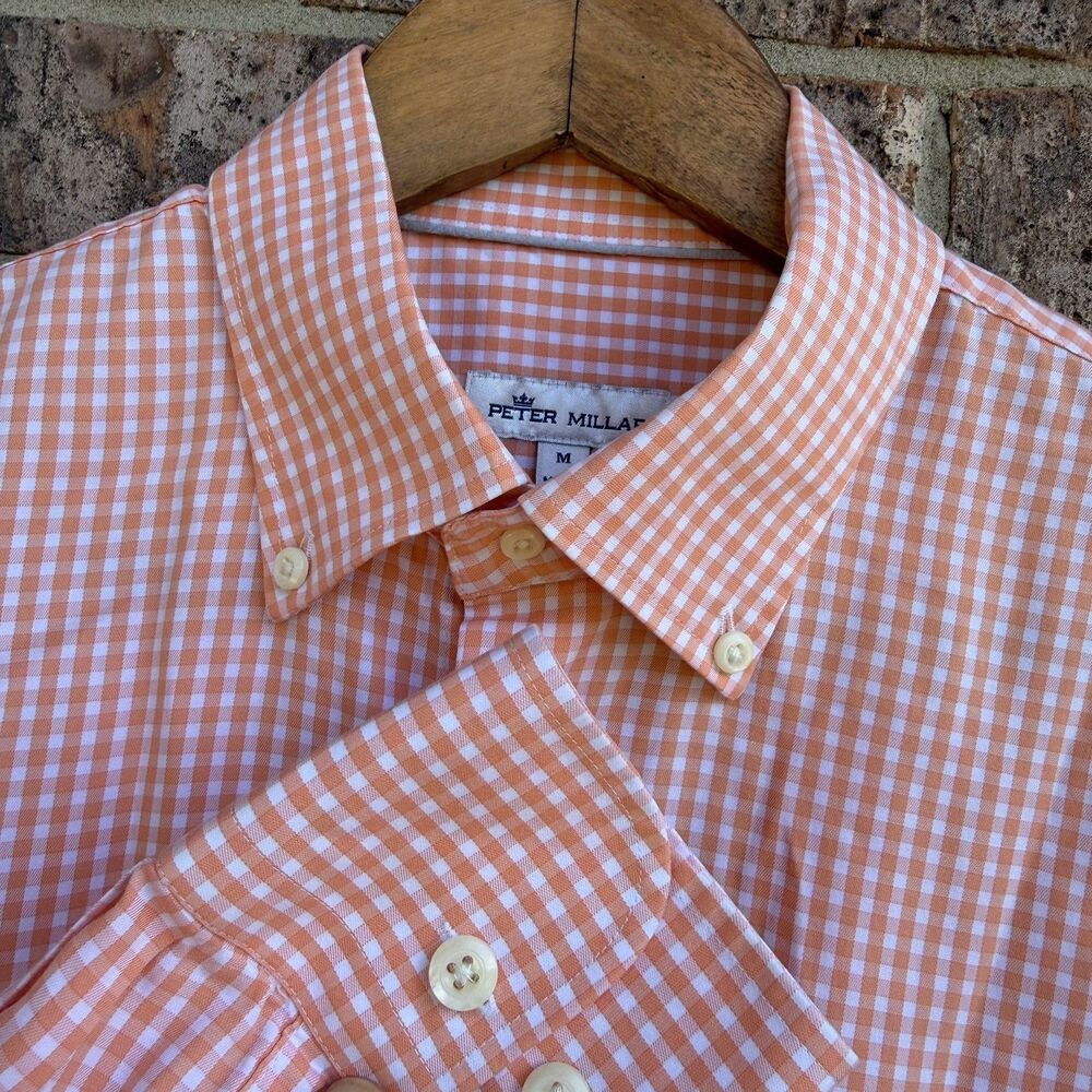 Peter Millar Shirt Mens M Orange Gingham Crown Soft Cotton Silk Blend Stretch